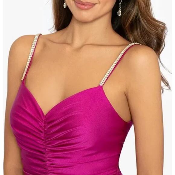 XSCAPE Rhinestone Strap Ruched Seam Sleeveless Gown Pink Formal Stretch US 2 NWT - Picture 5 of 16